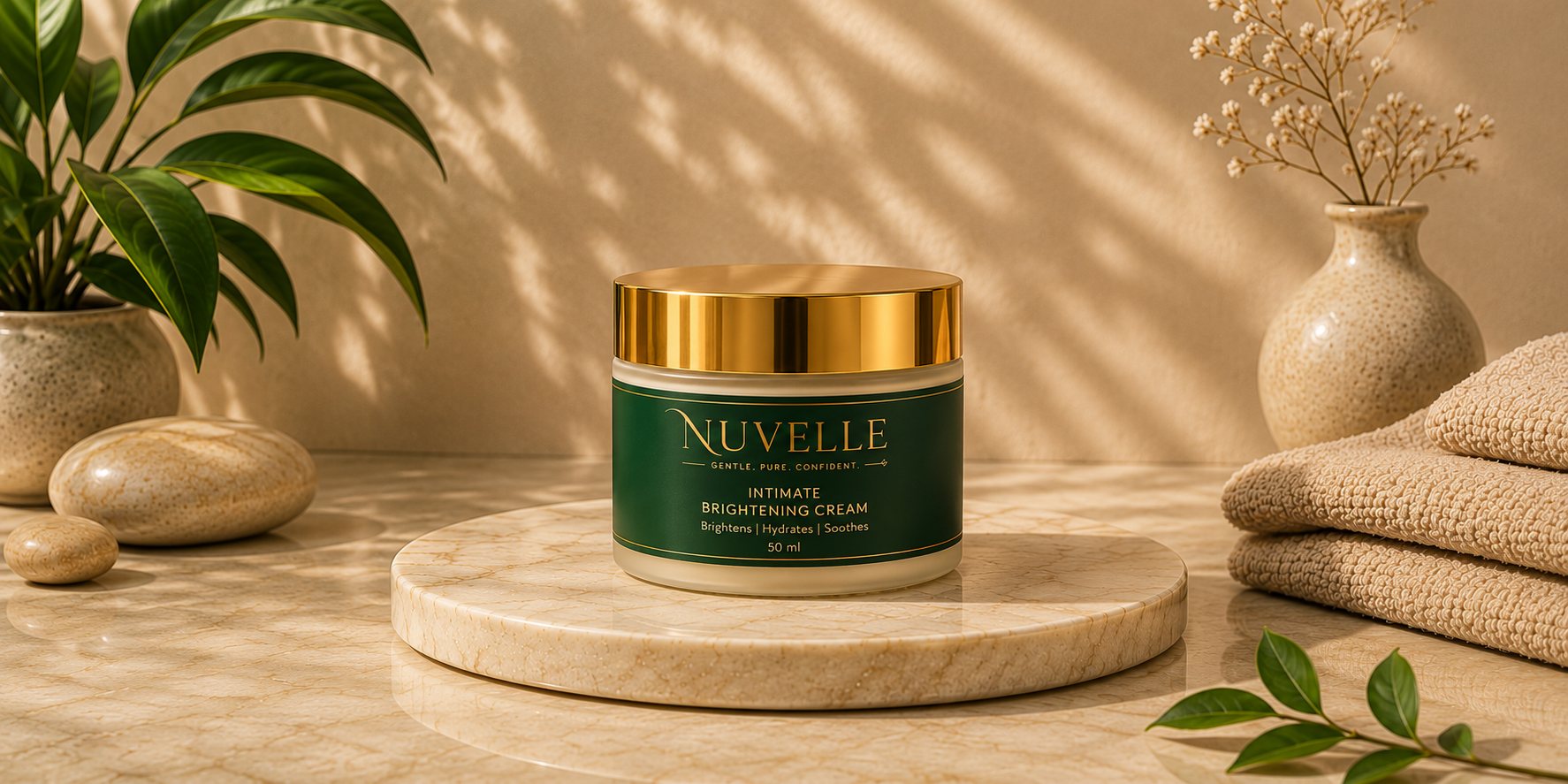 Nuvelle Intimate Brightening Cream jar on a marble stand