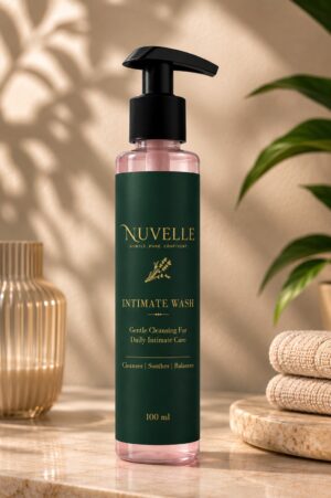 Nuvelle Intimate Wash 100 ml pump bottle beside folded towels